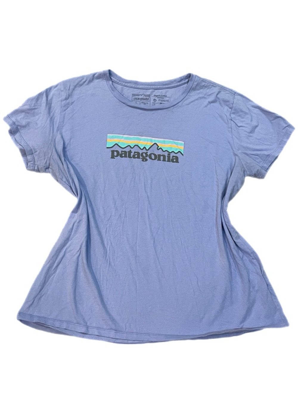 Women's Patagonia Blue Violet Pastel P-6 Logo Organic Cotton Crew T-Shirt L